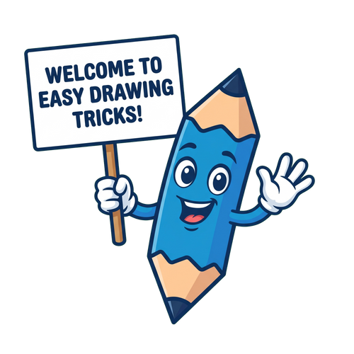 Arty, the Easy Drawing Tricks pencil mascot, holding a welcome sign