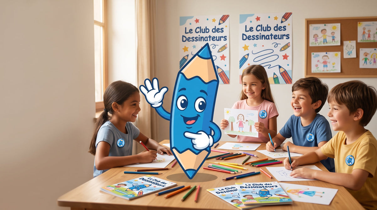 Arty, la mascotte crayon, avec des enfants qui dessinent au Club des Dessinateurs