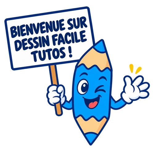 Arty, la mascotte crayon de Dessin Facile, avec sa pancarte de bienvenue