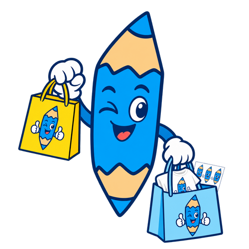 Arty, la mascotte crayon de Dessin Facile, ravi de ses goodies