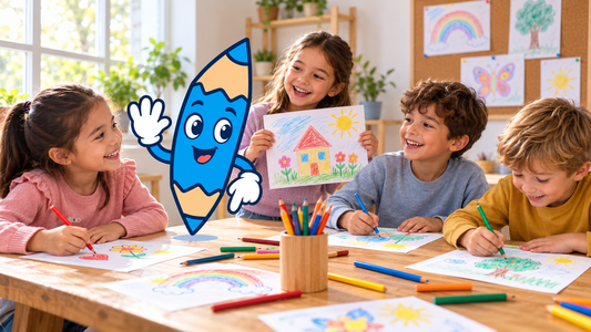 Arty, la mascotte crayon, avec des enfants qui dessinent au Club des Dessinateurs