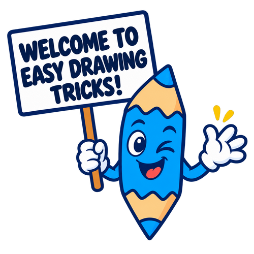 Arty, the Easy Drawing Tricks pencil mascot, holding a welcome sign
